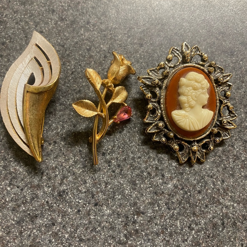 Vintage Brooch Trio - Gold Tone Floral, Cameo & Abstract Pins
